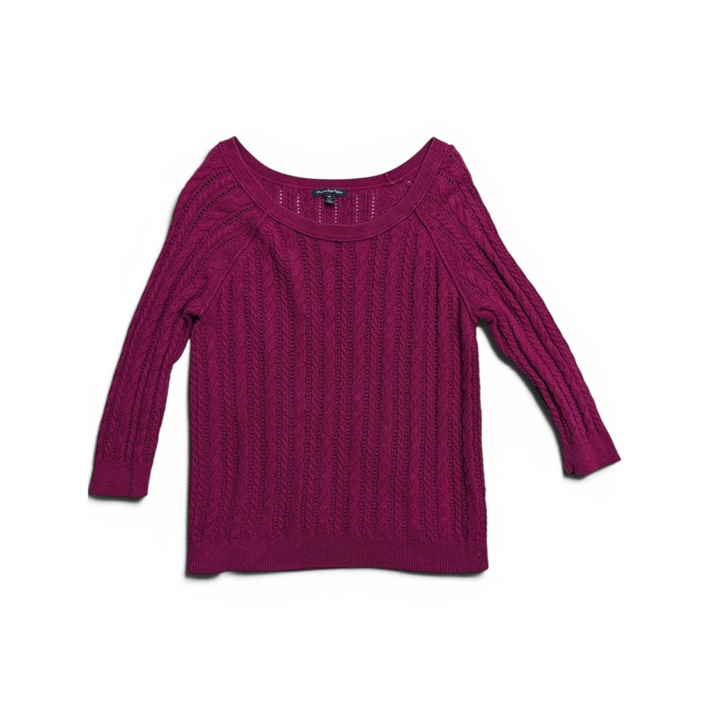 American Eagle Women Sweater Sz M Cable Knit Pointelle 3/4 Sleeve Purple Plum
